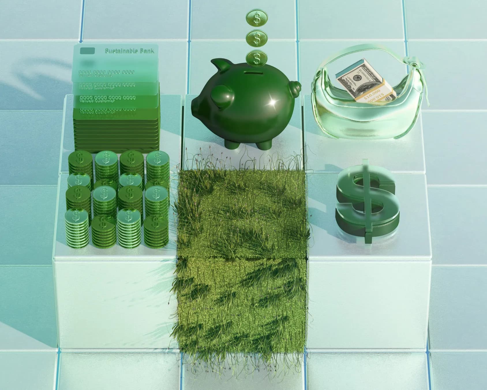 Green piggy bank, stacks of coins and a glass jar of banknotes arranged on a pale tiled surface.