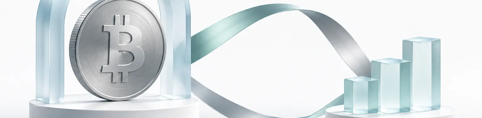 A Bitcoin coin on a glass stand, with a ribbon leading to three rising glass bars.