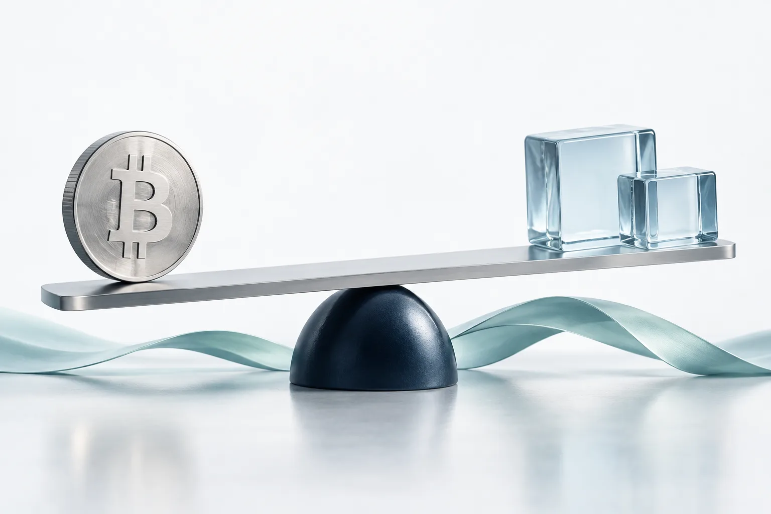 A balance scale with a Bitcoin coin on one side and glass blocks on the other.