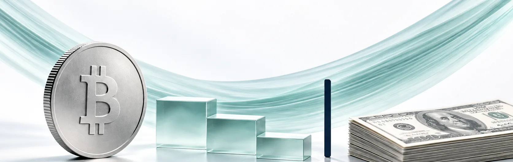 A Bitcoin coin, three descending glass blocks and a stack of dollar bills beneath a glass ribbon.