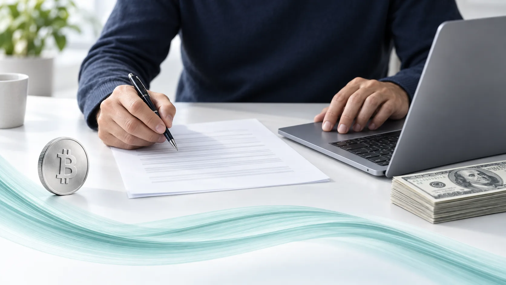 A person reviewing a document at a desk with a laptop, a Bitcoin coin and a stack of dollar bills.