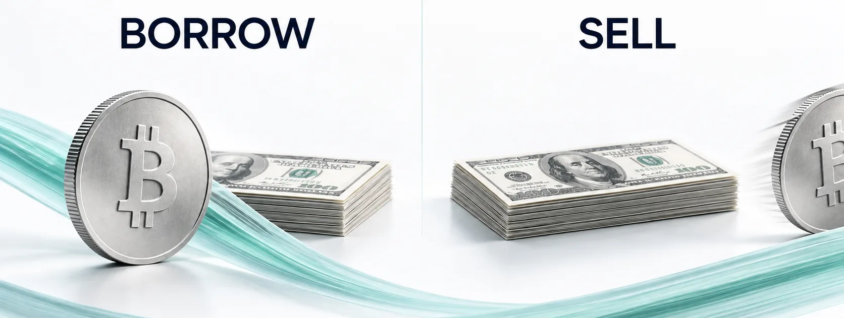 A split scene labeled Borrow and Sell, each with a Bitcoin coin and a stack of dollar bills.