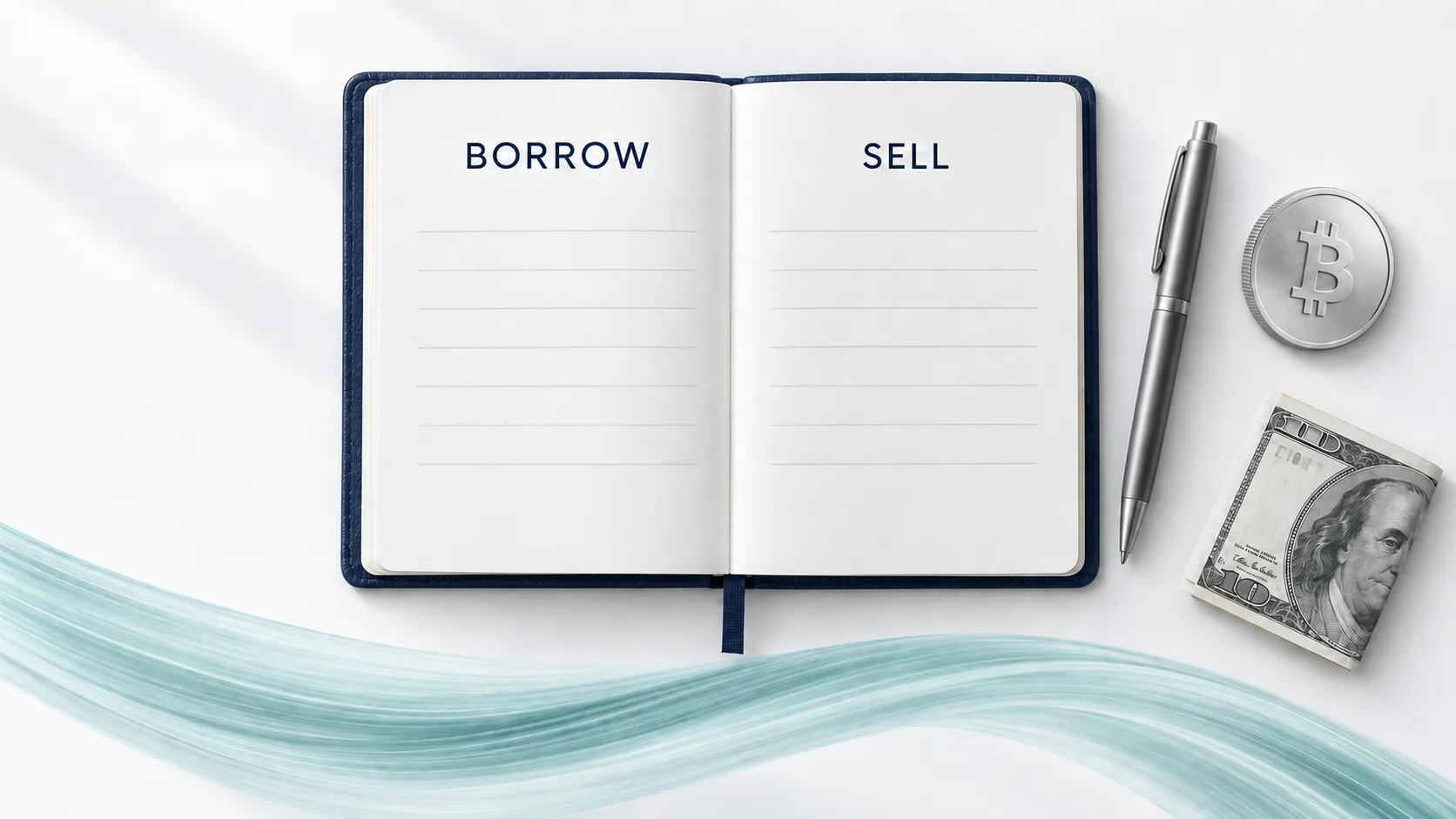 An open notebook with Borrow and Sell columns, beside a pen, a Bitcoin coin and folded dollar bills.